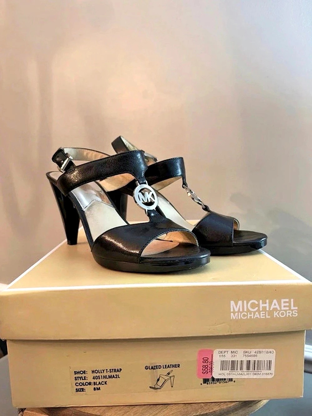 Michael Kors Holly T-Strap Heel Leather Heels Black US 8M